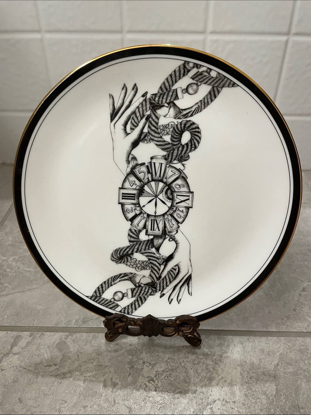White Porcelain Dinner Plate with Black Nautical Motif and Gold Trim